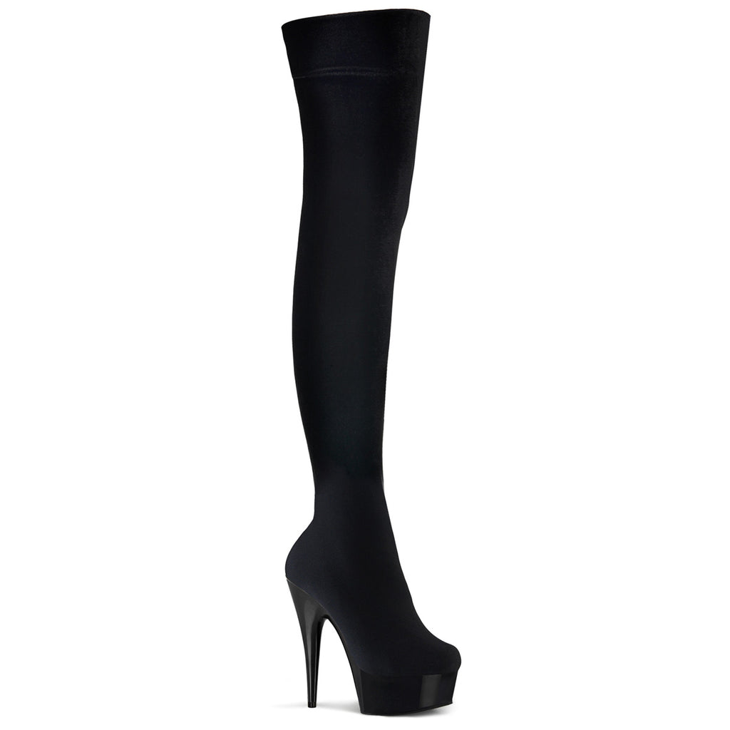 PLEASER Delight-3002 Black Stretch Velvet Skin Tight Exotic 6" Thigh Boots - A Shoe Addiction Australia