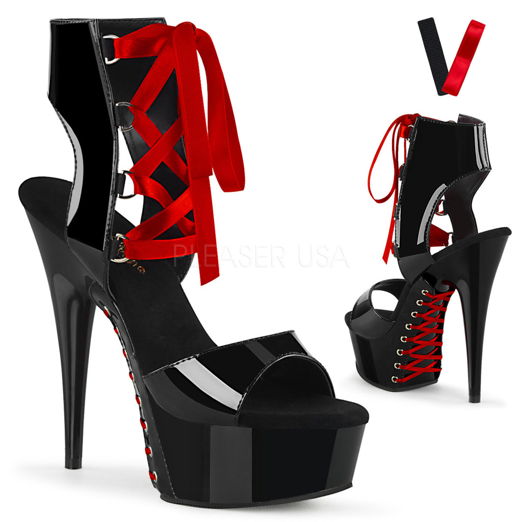 PLEASER Delight-600-14FH Black Red Corset Lace Up Ankle Cuff Bootie Sandal Heels - A Shoe Addiction