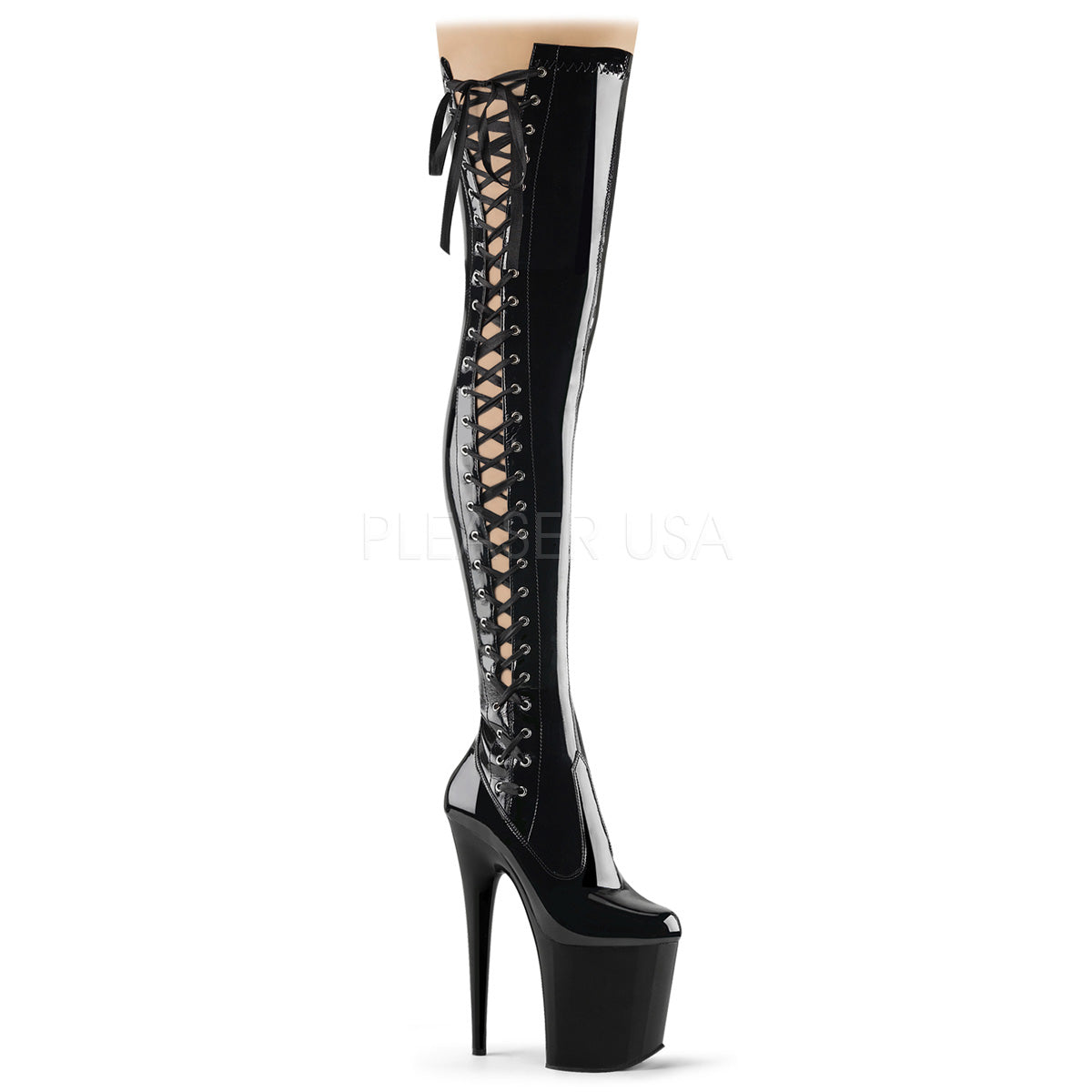PLEASER Flamingo-3050 Black Lace Up Sides Dancer Stripper 8" Heels Thigh Boots - A Shoe Addiction