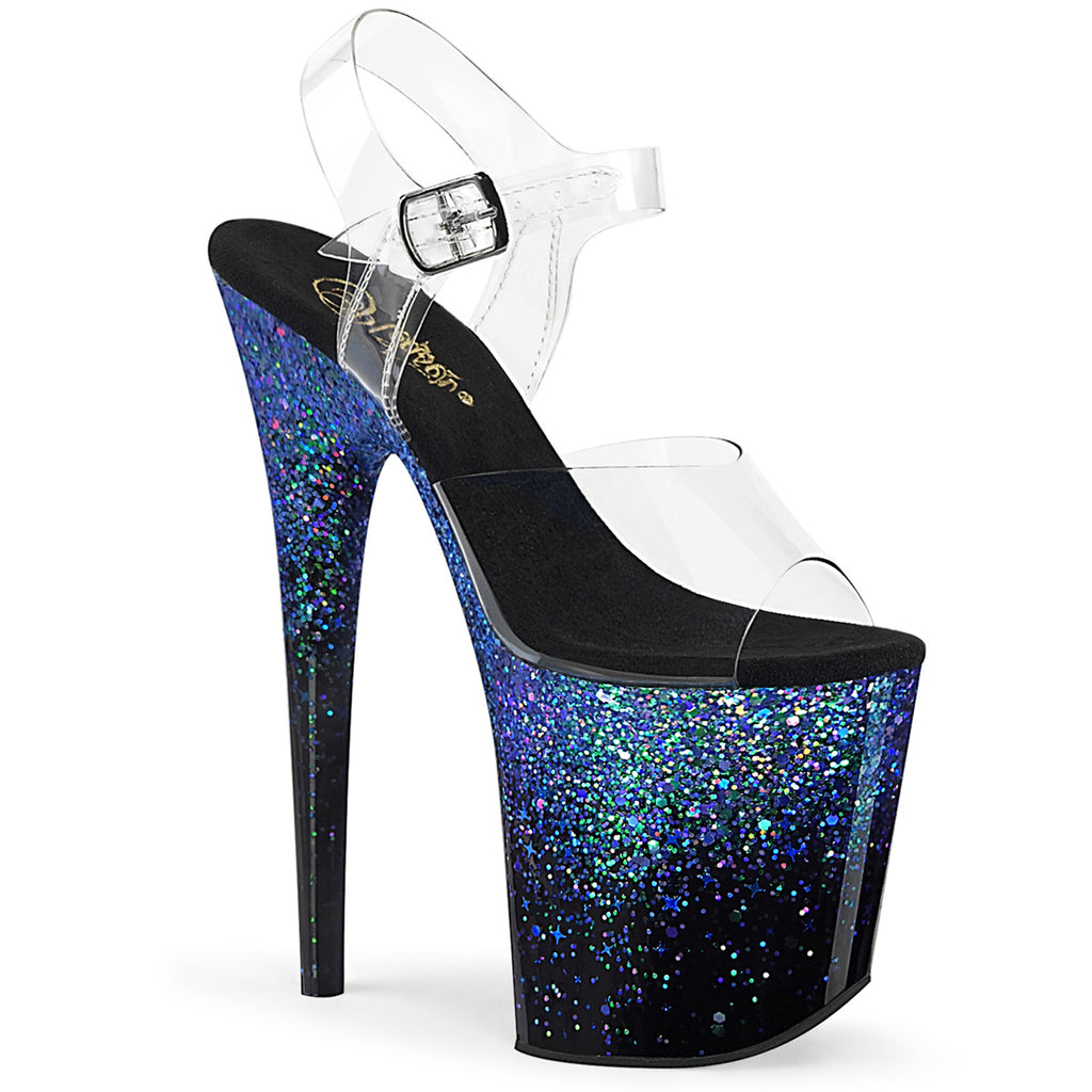FLAMINGO-808SS - Clear/Black-Blue Multi Glitter Heels