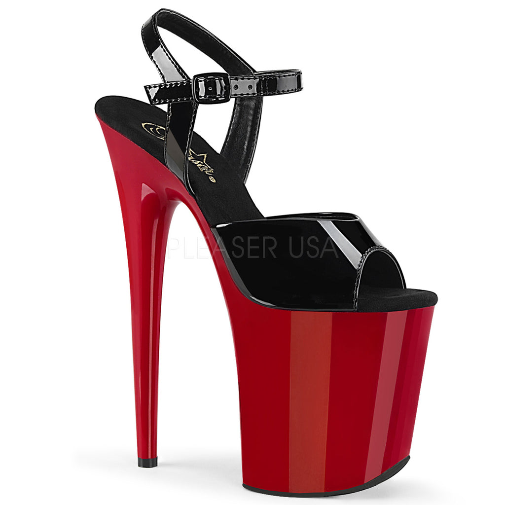 PLEASER Flamingo-809 Black Patent & Red Stripper Pole Dancer Club Ankle Strap 4" Platforms 8" Heels - A Shoe Addiction