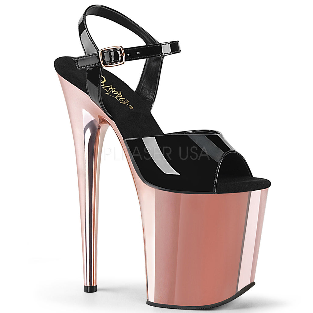PLEASER Flamingo-809 Black Patent & Rose Gold Chrome Stripper Pole Dancer Club Ankle Strap 4" Platforms 8" Heels - A Shoe Addiction