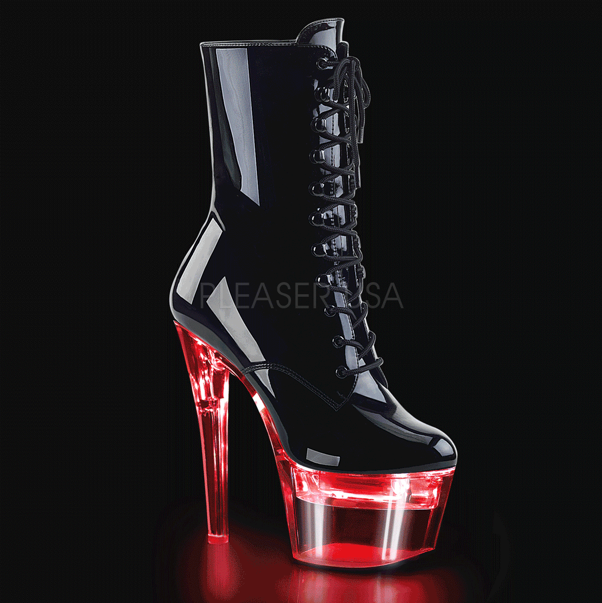 PLEASER Flashdance-1020-7 Black Patent Clear Multi Colour Option Light Up Stripper Pole Heels Boots - A Shoe Addiction