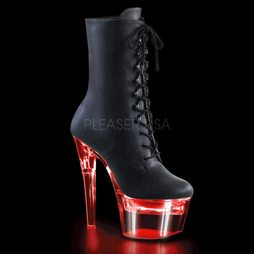 PLEASER Flashdance-1020-7 Black Faux Leather Clear Multi Colour Option Light Up Stripper Pole Heels Boots - A Shoe Addiction