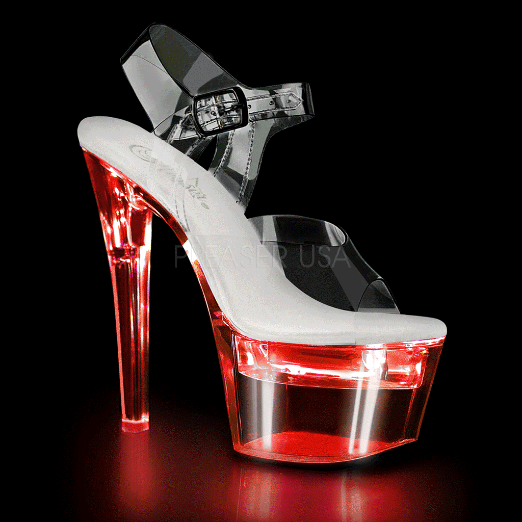 PLEASER Flashdance-708 Clear White Padding USB Chargeable Multi Colour Light Up Stripper Pole Heels - A Shoe Addiction
