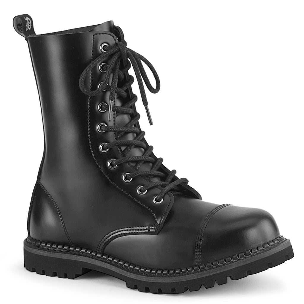 DEMONIA Riot-10 Black Real Leather Mens Unisex Goth Rocker Biker Combat Boots - A Shoe Addiction