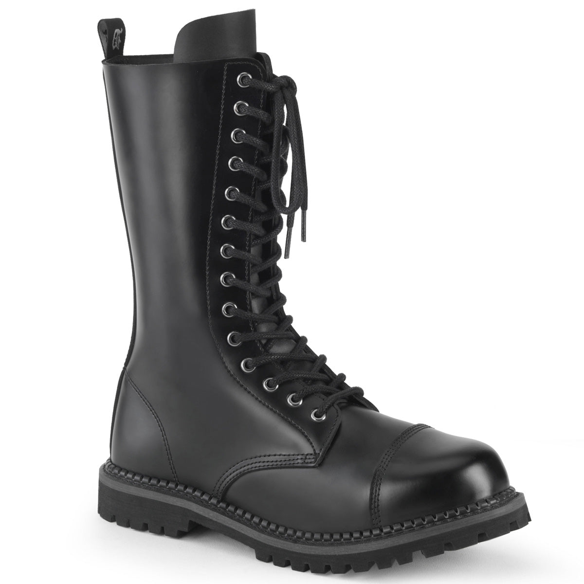 DEMONIA Riot-14 Black Real Leather Mens Unisex Goth Rocker Biker Combat Boots - A Shoe Addiction