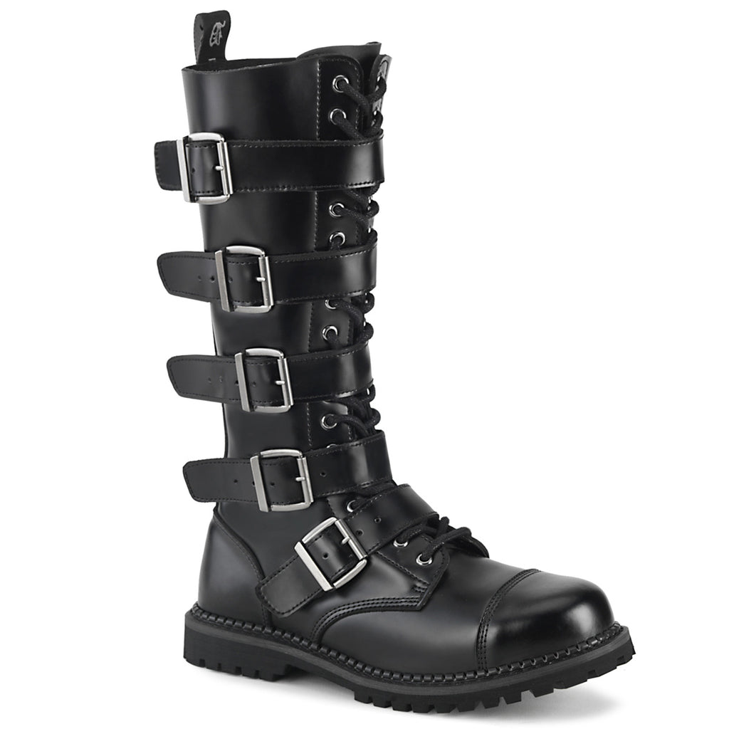 DEMONIA Riot-18BK Black Real Leather Mens Unisex Goth Rocker Biker Combat Boots - A Shoe Addiction