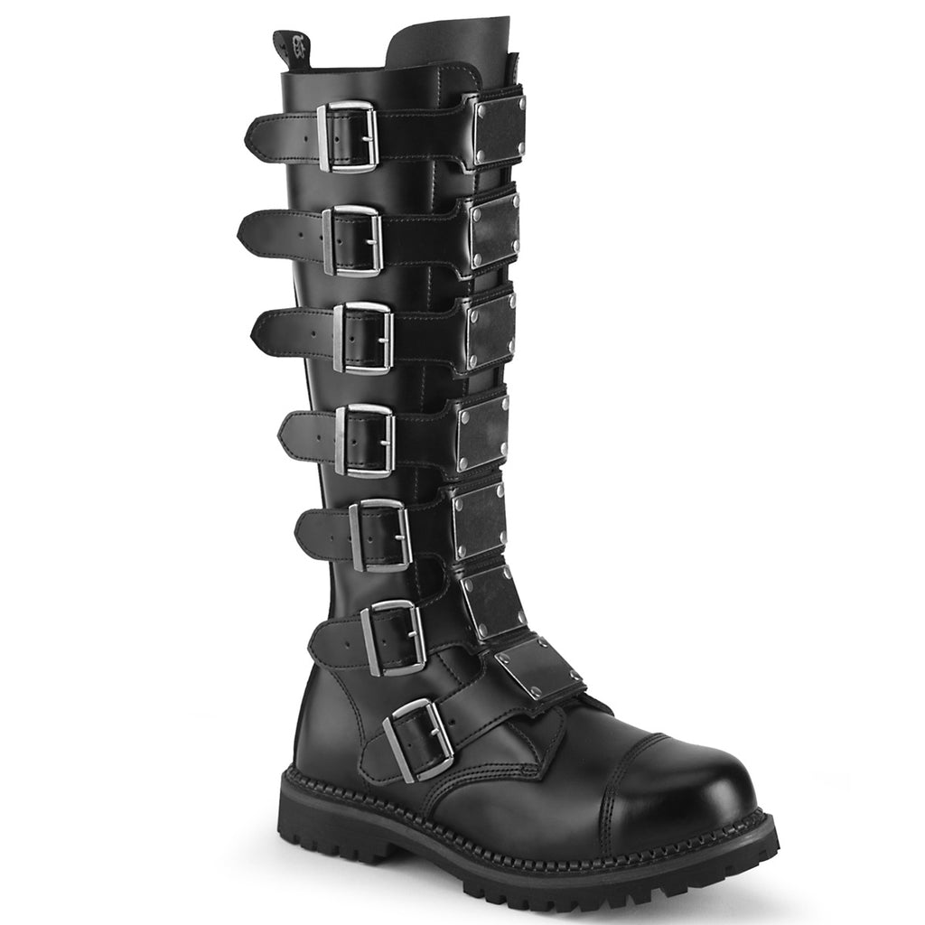 DEMONIA Riot-21MP Black Real Leather Mens Unisex Goth Rocker Biker Combat Boots - A Shoe Addiction