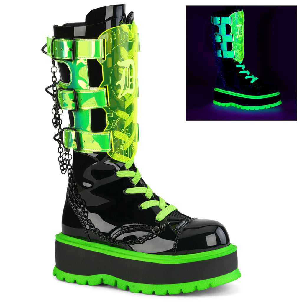 SLACKER-156 - Black Patent-UV Neon Green Boots