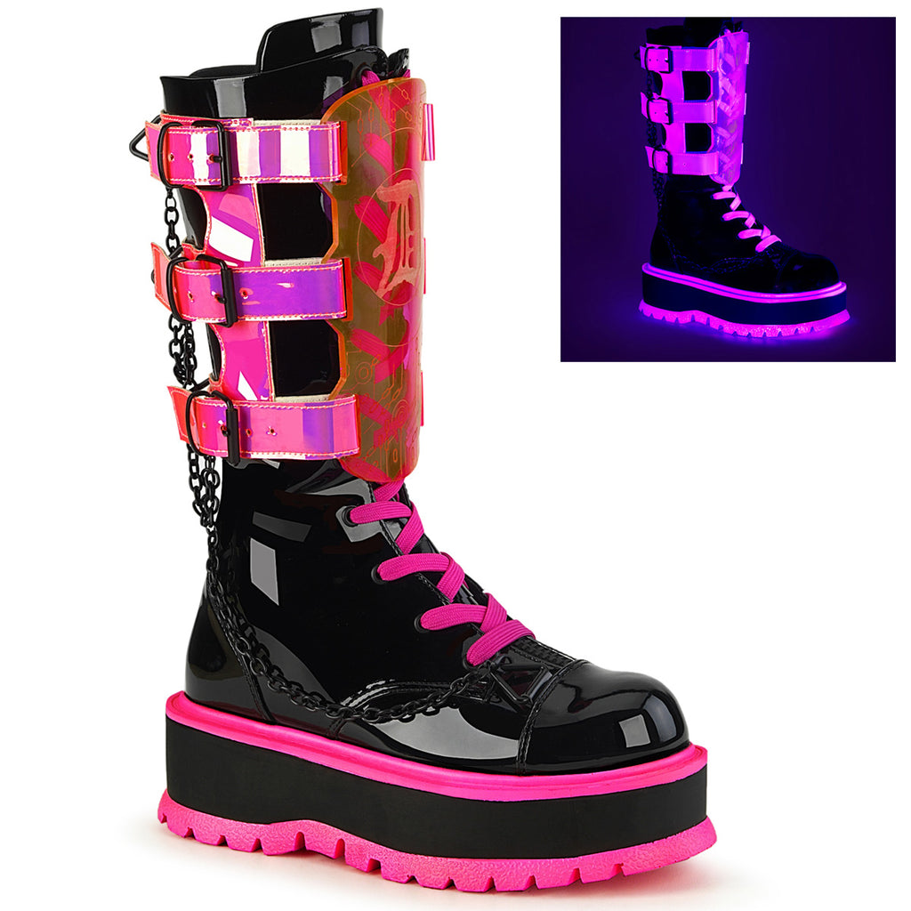 SLACKER-156 - Black Patent-UV Neon Pink Boots