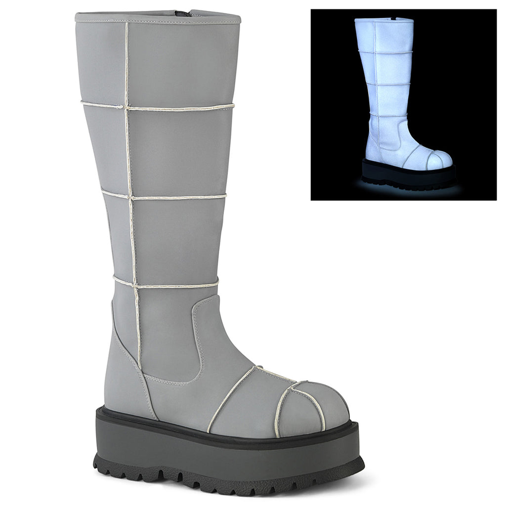 SLACKER-230 - Grey Reflective Vegan Leather Boots