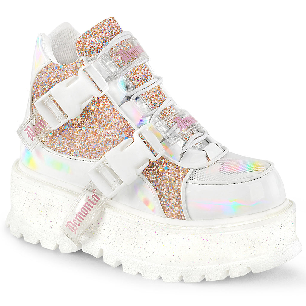 SLACKER-50 - White Holographic Patent-Pink Multi Glitter Boots