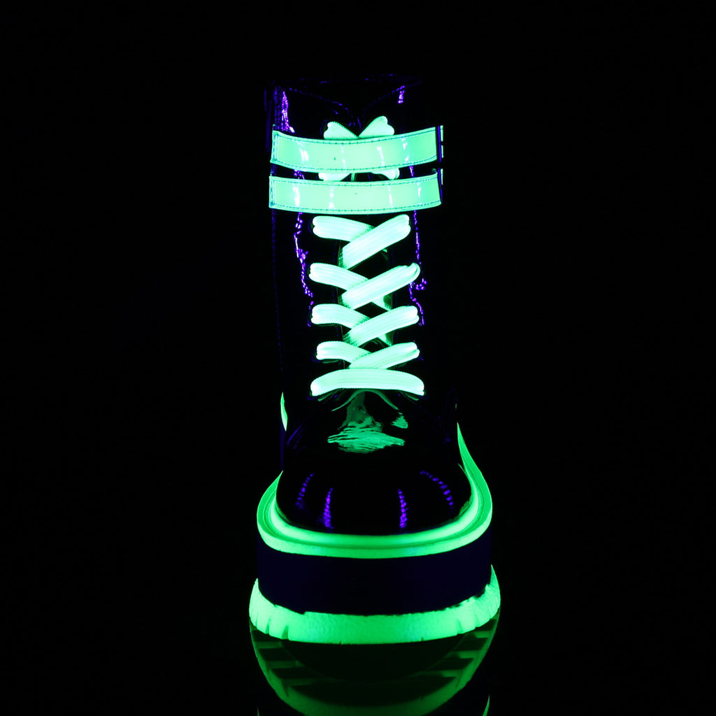 SLACKER-52 - Black Patent-UV Iridescent Green Boots