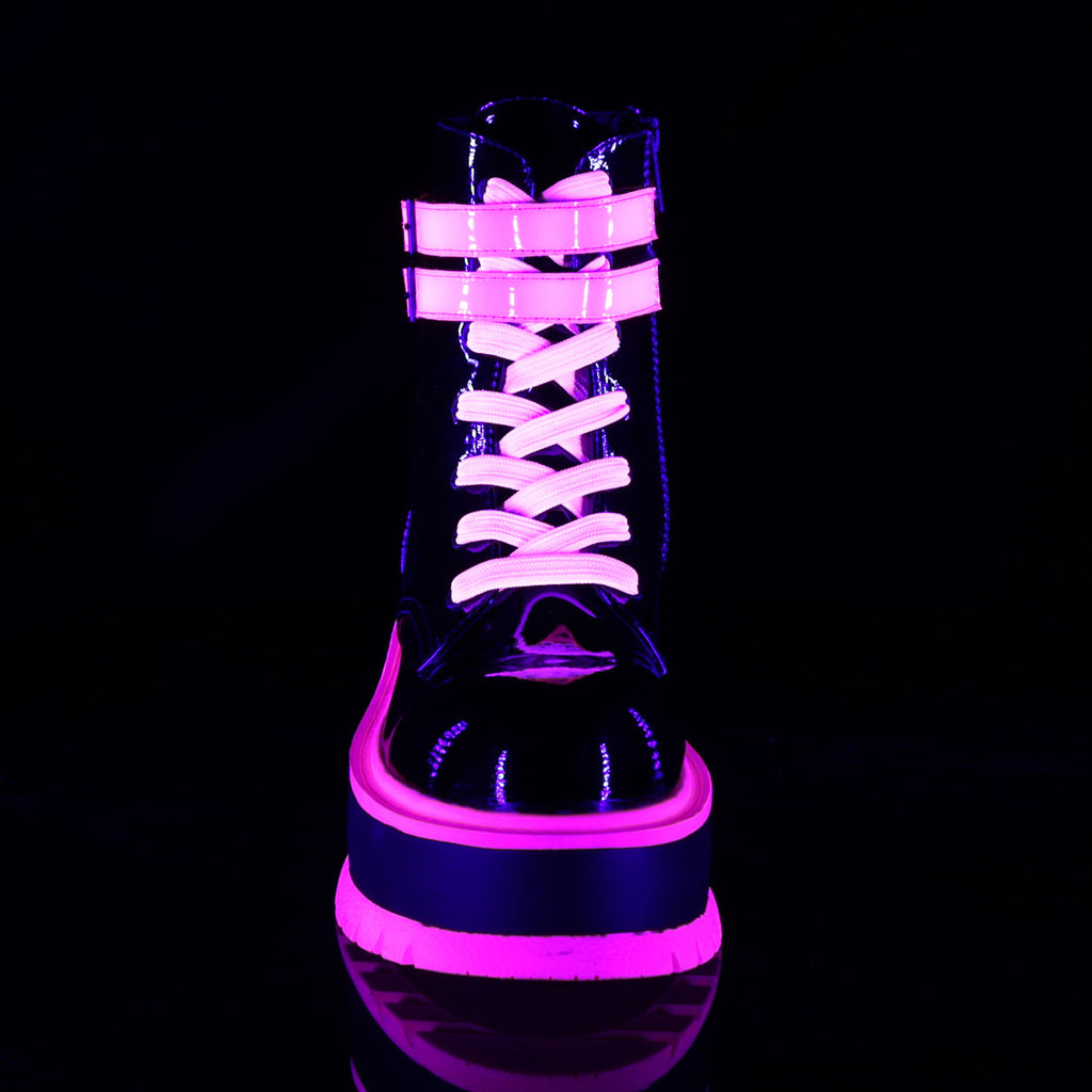 SLACKER-52 - Black Patent-UV Iridescent Pink Boots