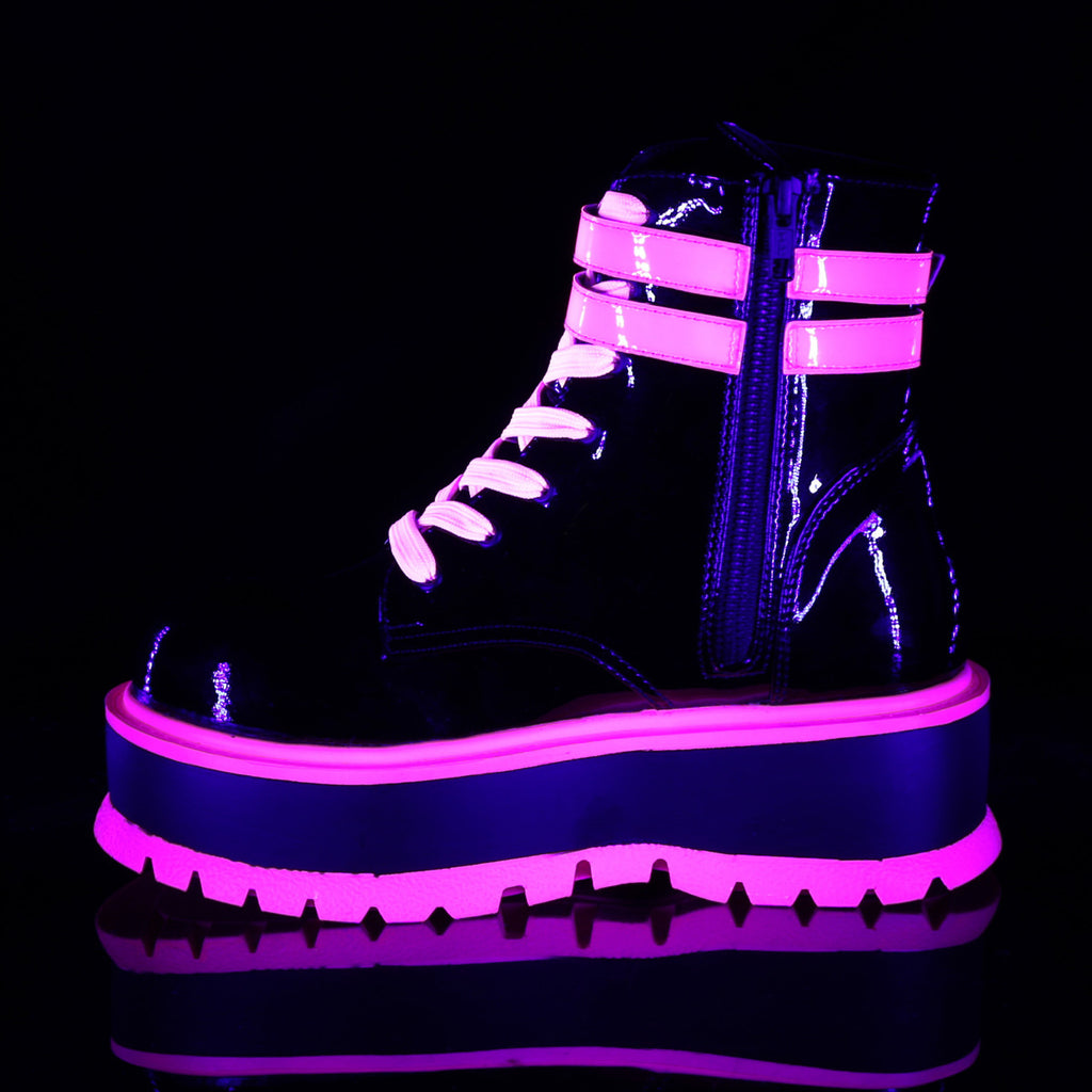 SLACKER-52 - Black Patent-UV Iridescent Pink Boots
