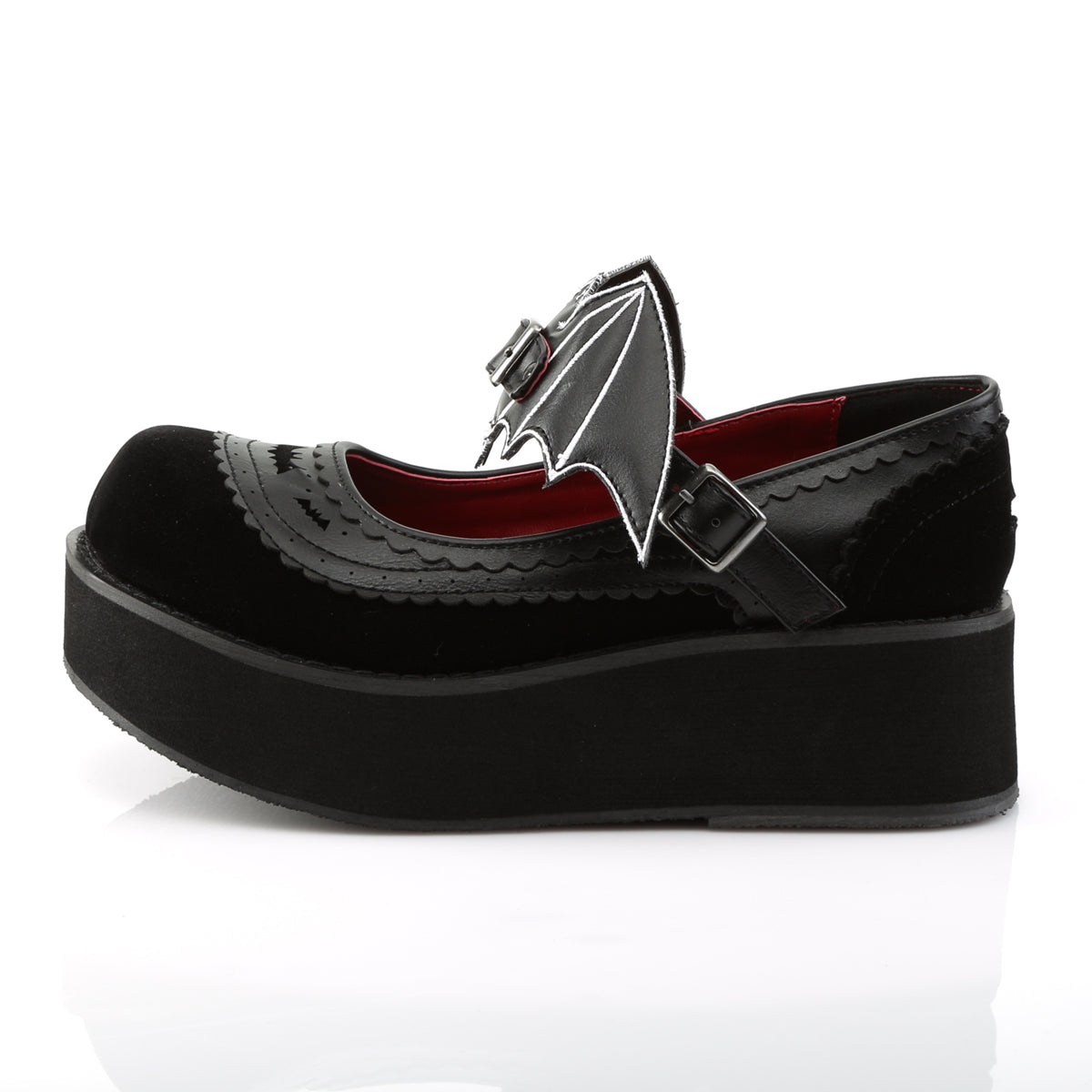 DEMONIA Sprite-09 Black Velvet Goth Removable Bat Buckle Platforms Mary Janes - A Shoe Addiction Australia